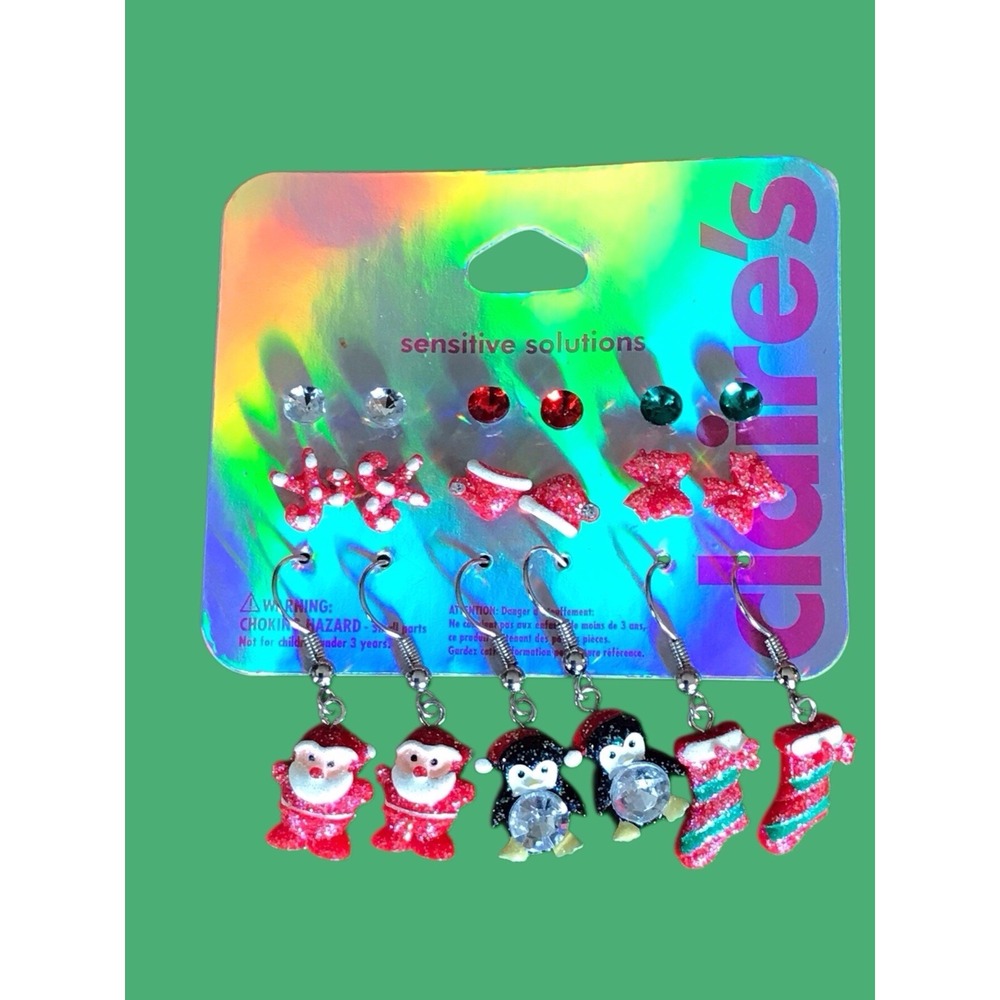 New Y2K VTG Claires Santa Penguin Hat Bows Cane Dangle Post Christmas Earrings